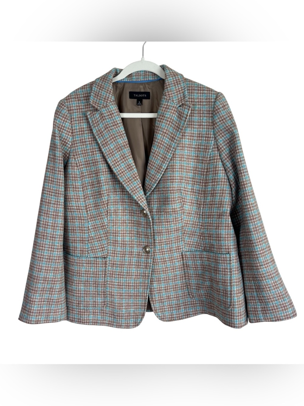 Talbots Classic Shetland Blazer Size 16 Brown Turquoise Plaid One Button Wool